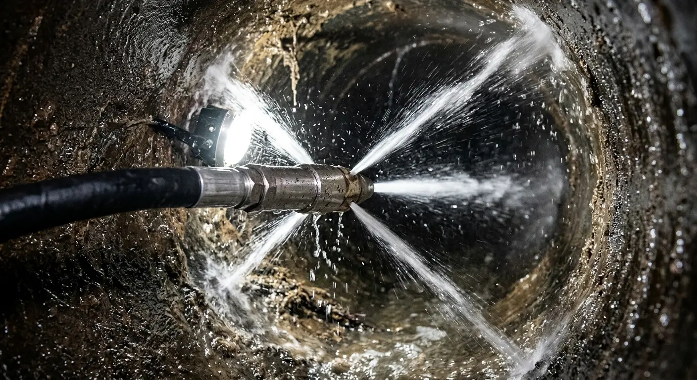 High-pressure hydro jetting nozzle cleaning sewer pipe for Trenchless Sewer Repair in Laramie