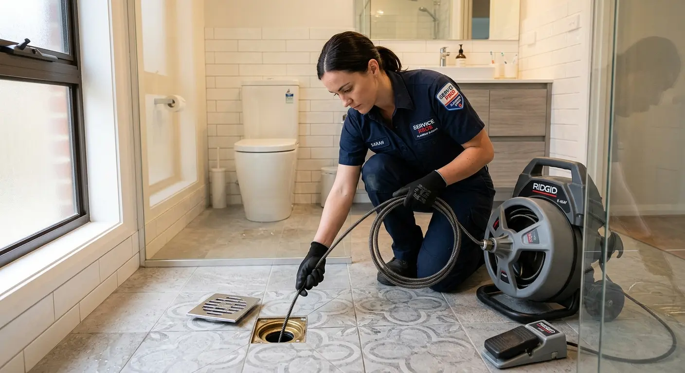 Technician clearing a bathroom floor drain for Hydro Jetting in Laramie